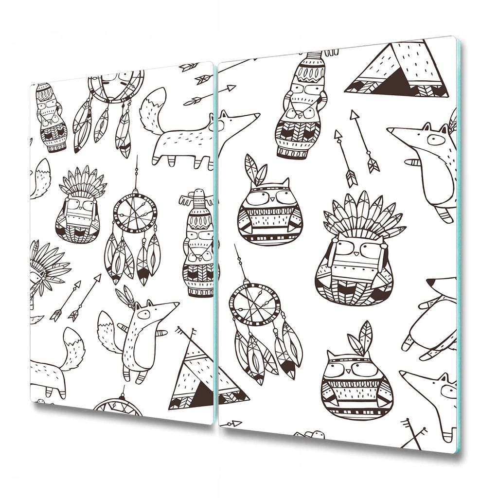 Küchenschneidebrett - Glasschneidebrett - Herdabdeckung - 2x 30x52 cm - Cartoon-Tiere im indischen Stil