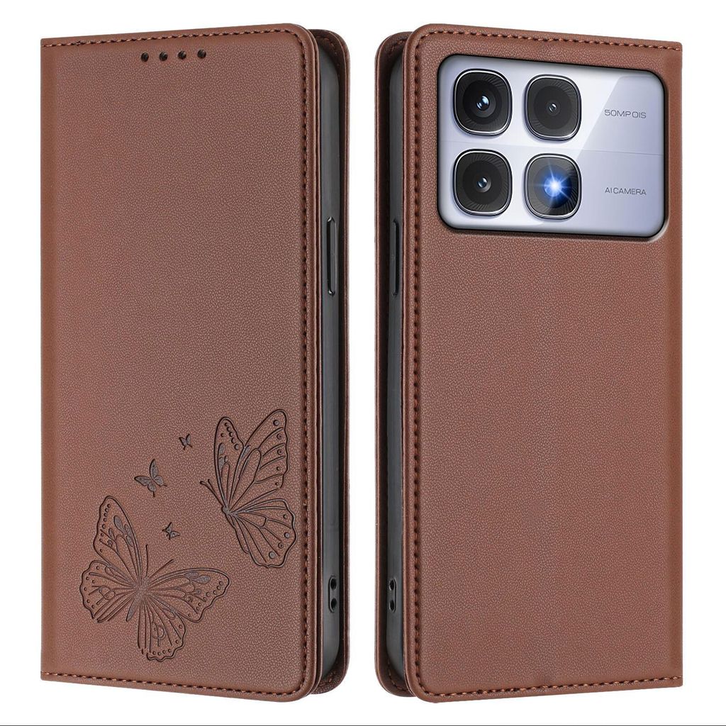 Lederhülle für Xiaomi Redmi K70 Ultra, Schmetterling Prägung Leder Brieftasche Schutzhülle mit Ständer Braun