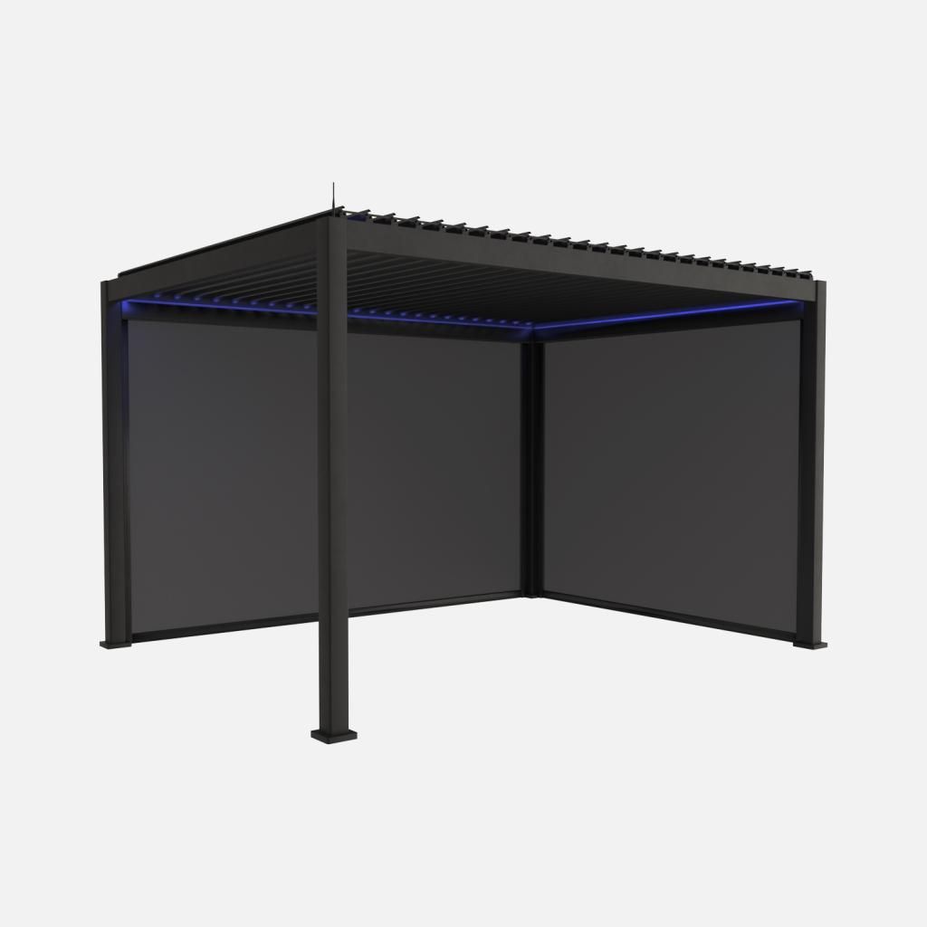 sweeek - LED Pergola mit motorisiertem Lamellendach Triomphe 3x4m + Markise 3m + Markise 4m - Anthrazit