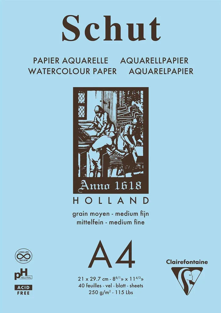 Papier aquarelle A4 grain fin 250g Schut - 40 feuilles haute absorption