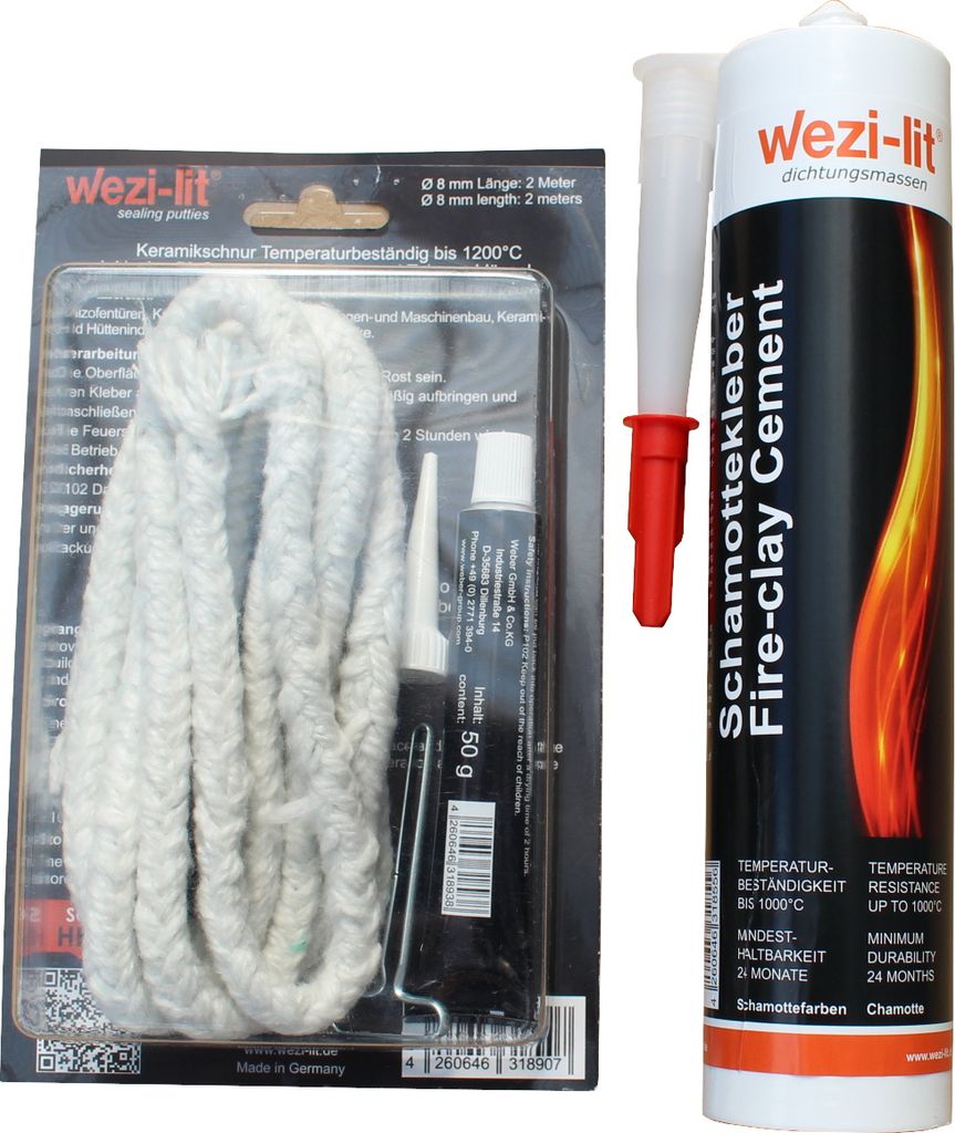 Keramikschnur Ø 8mm 2m + Ofenschnur Kleber 50g + Schamottkleber 310ml bis 1000°