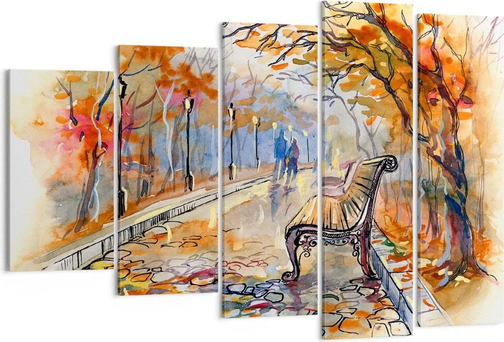 Bild auf Leinwand - Leinwandbild - Path Bench Herbst Frau - 150x100cm - Wand Bild - Wanddeko - Leinwanddruck - Bilder - Kunstdruck - Wanddekoration...