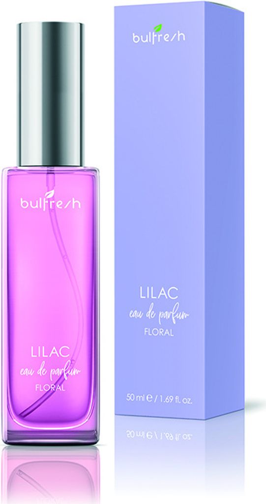 A bottle of lilac eau de parfum and its packaging are displayed against a white background.