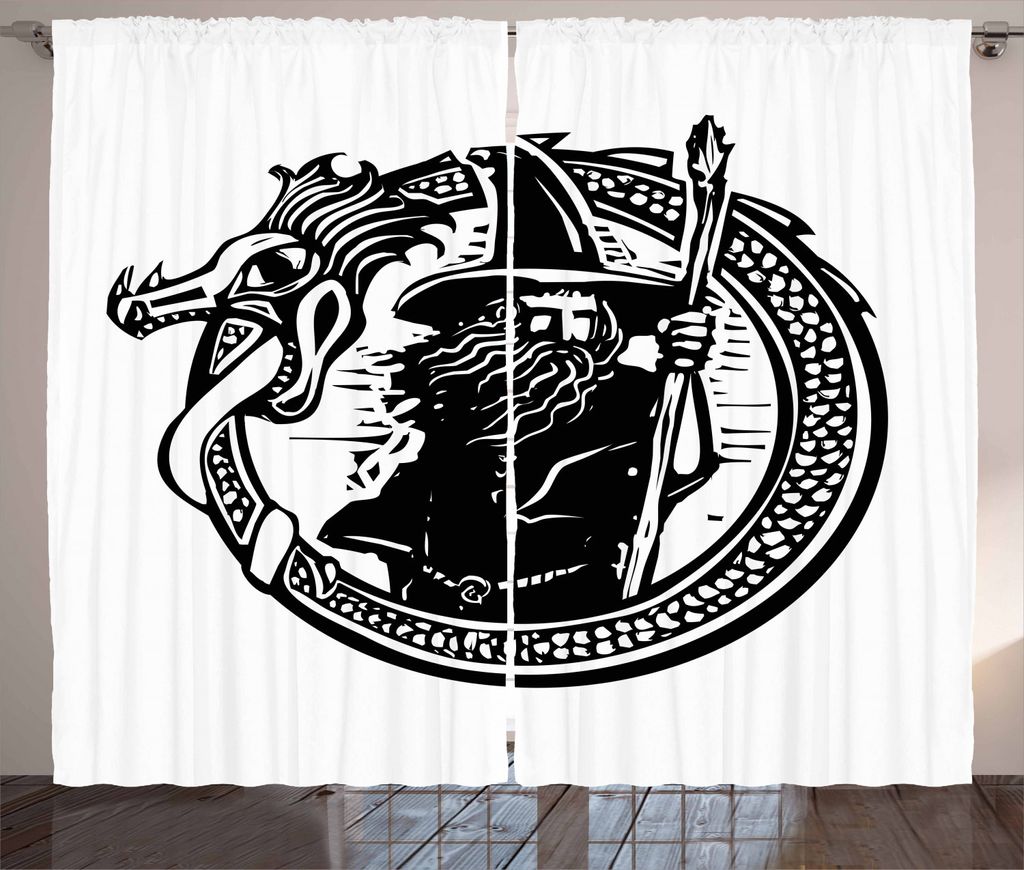 ABAKUHAUS Magier Rustikaler Vorhang, Magier im Drachenkreis, Wohnzimmer Universalband Gardinen mit Schlaufen und Haken, 280 x 225 cm, Weiß und Sch...