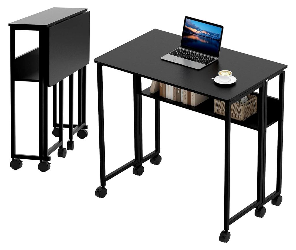Klappbarer Schreibtisch, Faltbarer Computertisch mit 6 Rollen und Ablage, Mobiler Tisch für Büro, Küche, Schlafzimmer, Schwarz 80x50x75 cm