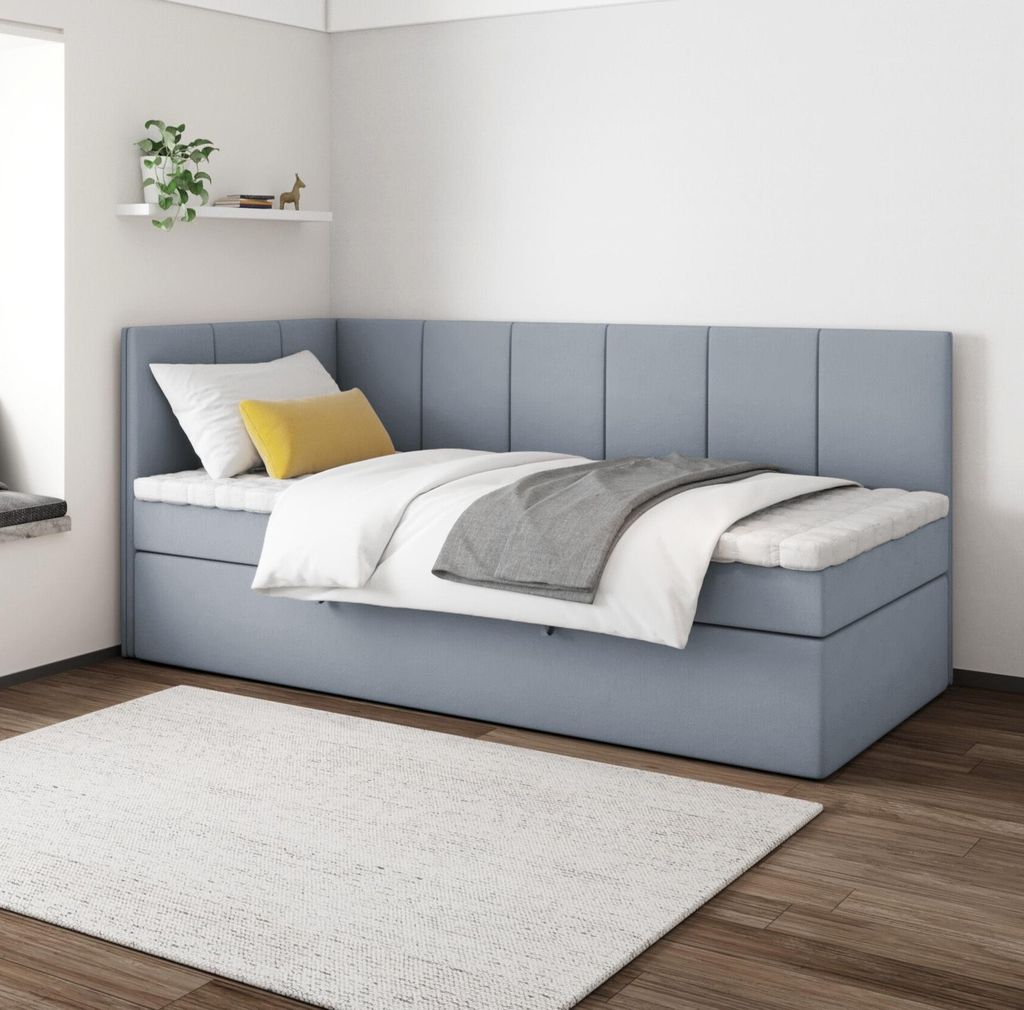 Boxspringbett POLA 100x200 cm, T25 Topper, Kinderbett, Jugendbett, Einzelbetten, Bett, Stauraum Polsterbett, Matratze H3, LINKS (Grau - Itaka 50)