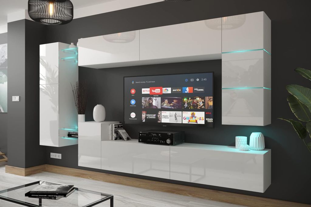 Furnitech Wohnwand Wohnzimmer - Hängend Wohnwand Modern - Regale und TV Schrank - Wohnzimmer Möbel ohne LED (AN90NEW-21W-HG2)