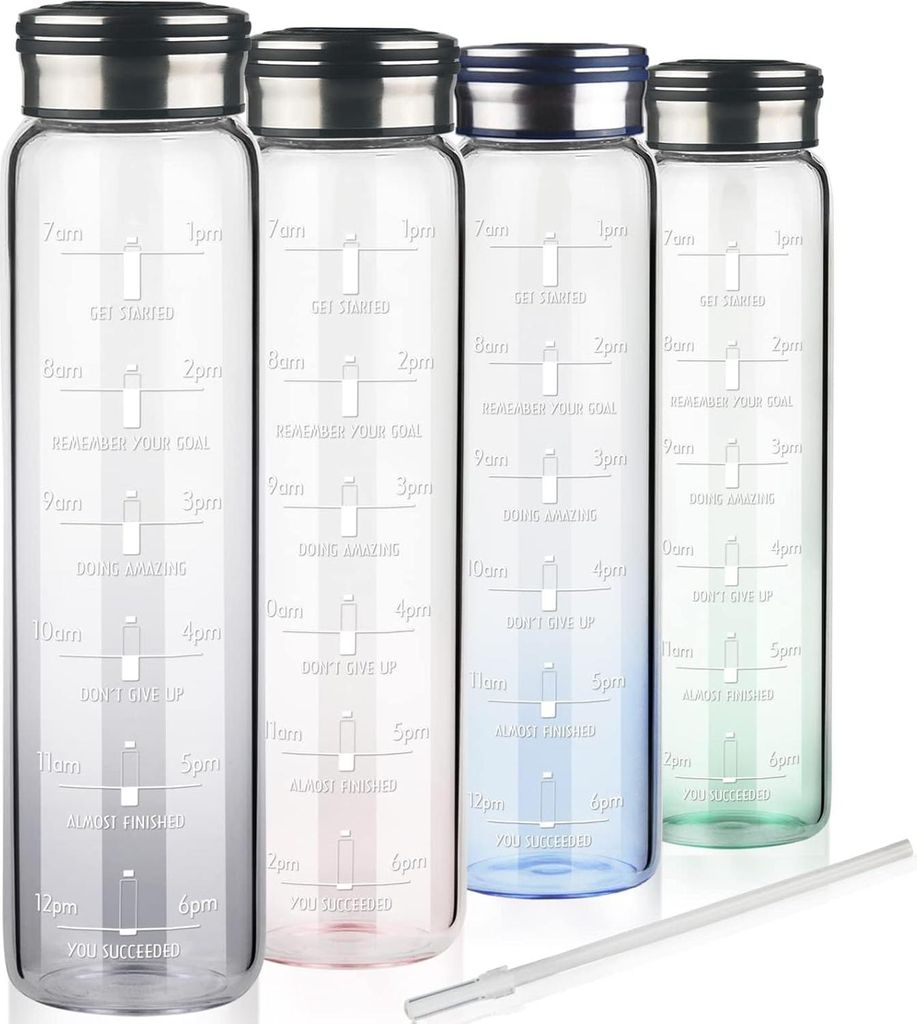 Glas-Trinkflasche mit Strohhalm - motivierende Wasserflasche - 1 Liter