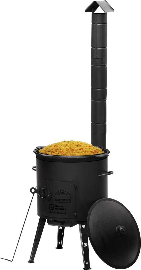 Ø49cm Uchag 2mm Stahl mit Abzugsrohr 22L Kazan (Runder boden) Feuerstelle Utschag Utschak Campingofen WOK Kasan Feldküche