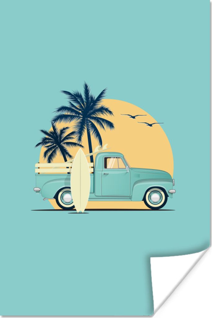 MuchoWow Poster Auto - Sonne - Surfbrett - Palme 20x30 cm - Papierdruck