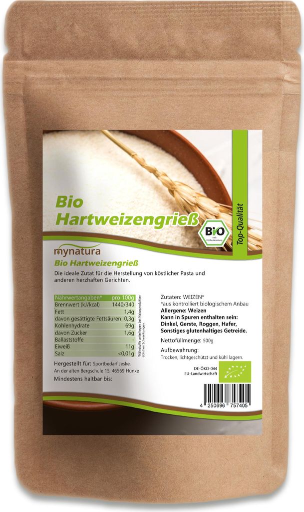 Mynatura Hartweizengrieß – Ideal für selbstgemachte Pasta, Gnocchi & vegane Küche 2000g
