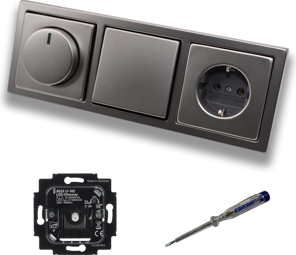 Busch Jäger 6523U-102 LED Drehdimmer Dimmer + Dimmerscheibe 6540-866-102 + Lichtschalter 2000/6US + Steckdose 20EUC-866 PUR Edelstahl + EBROM Phas...
