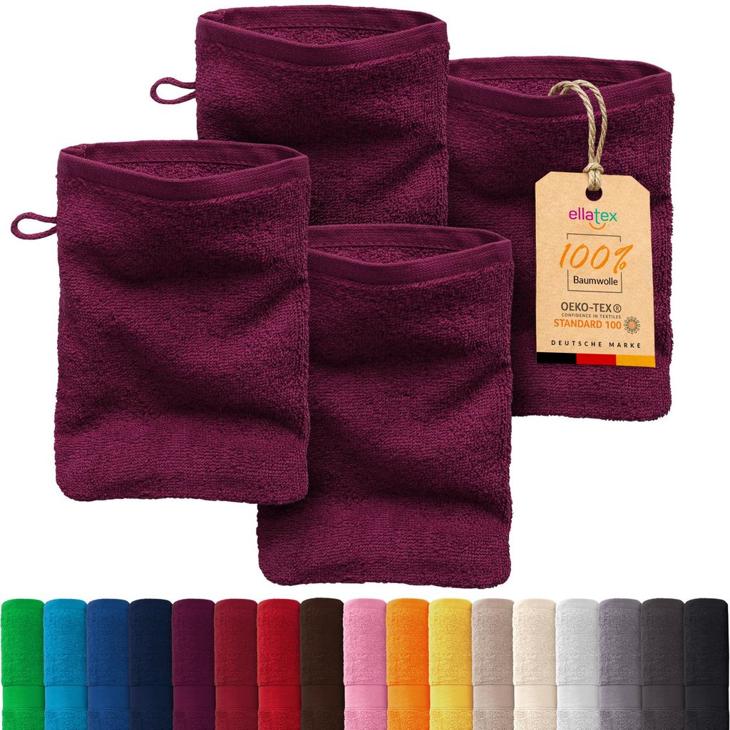 EllaTex PARIS 4er Set Waschhandschuhe 15x21 cm – 100% Baumwolle, 500 g/m² Frottier, Vorteilspack, in Farbe: Brombeere