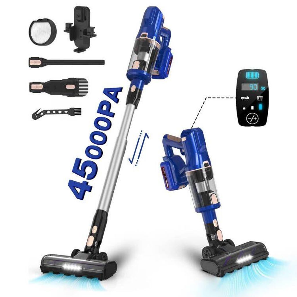 A product image showing a blue and silver cordless vacuum cleaner with various attachments and a digital display.