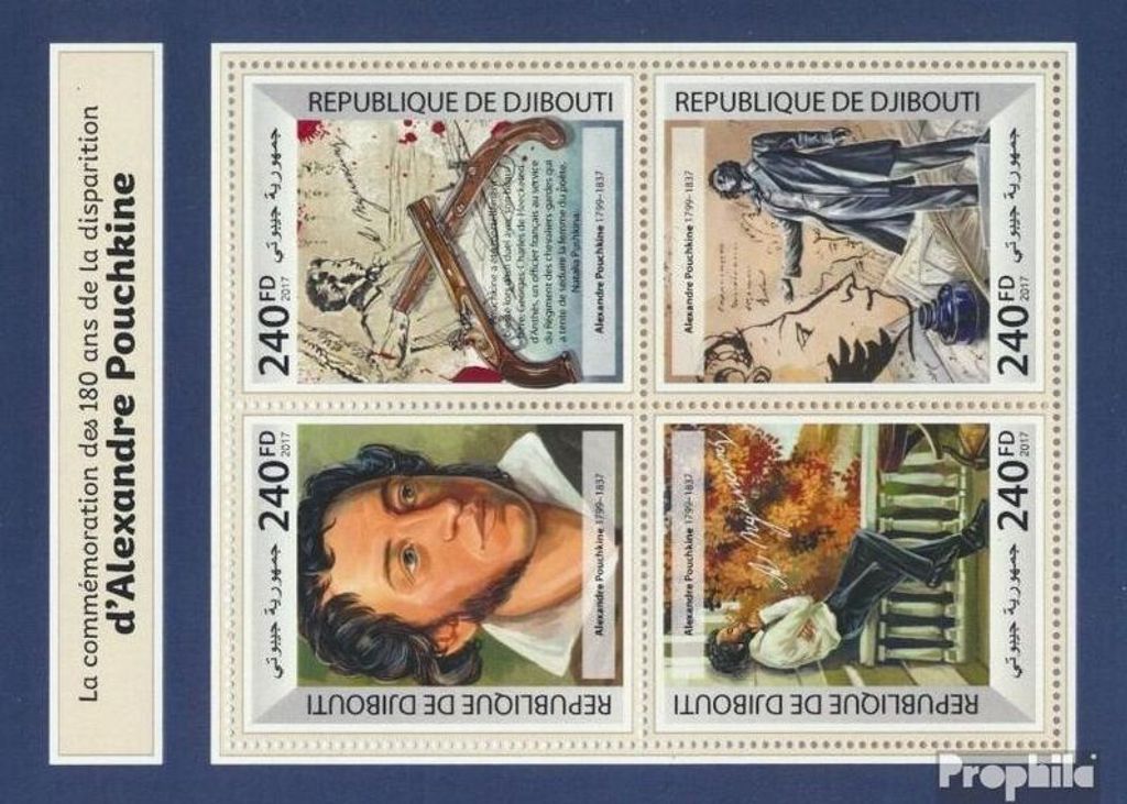 Briefmarken Dschibuti 2017 Mi 1871-1874 Kleinbogen (kompl. Ausg.) postfrisch Alexander Puschkin