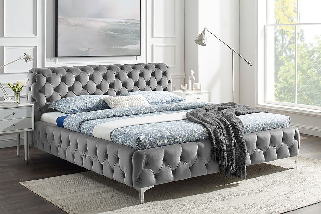 riess-ambiente Design Bett MODERN BAROCK 160x200cm grau Samt Chesterfield Doppelbett