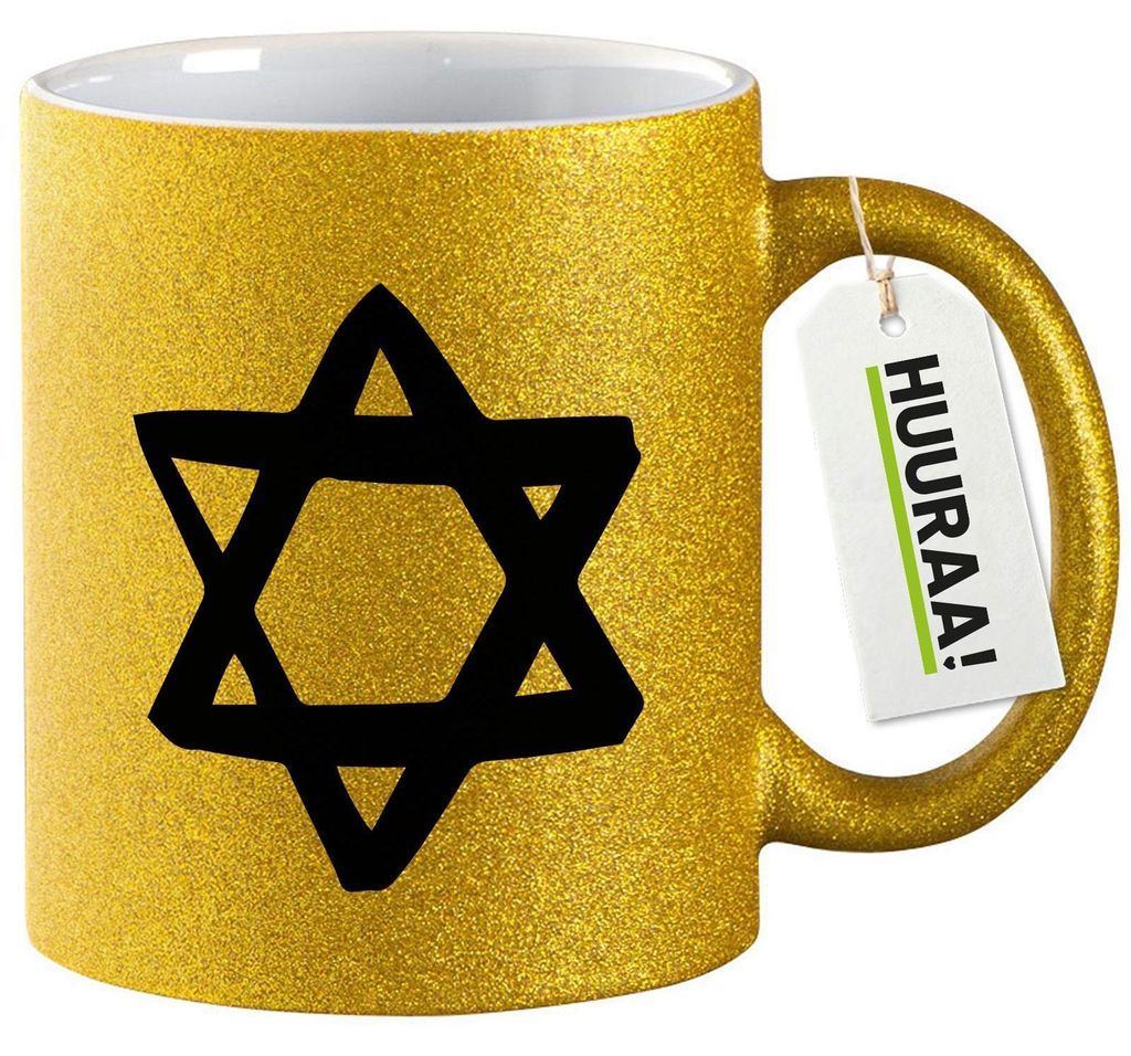 Huuraa Glitzertasse Davidstern Judentum 330ml Gold Keramik Kaffeebecher Geschenkidee
