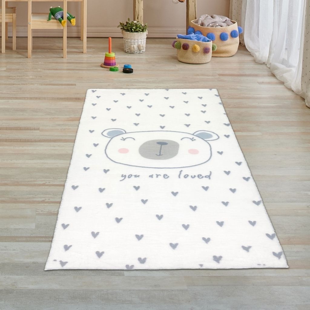 Kinderzimmer-Teppich weich Herzchen und ein niedlicher Bär - creme Größe - 80 x 150 cm