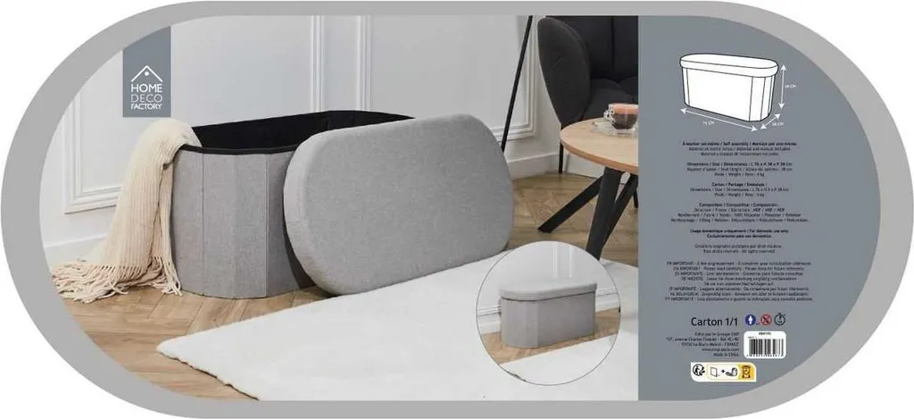 Grand pouf gris pliable 76 cm : solution de rangement et siège d'appoint - 8