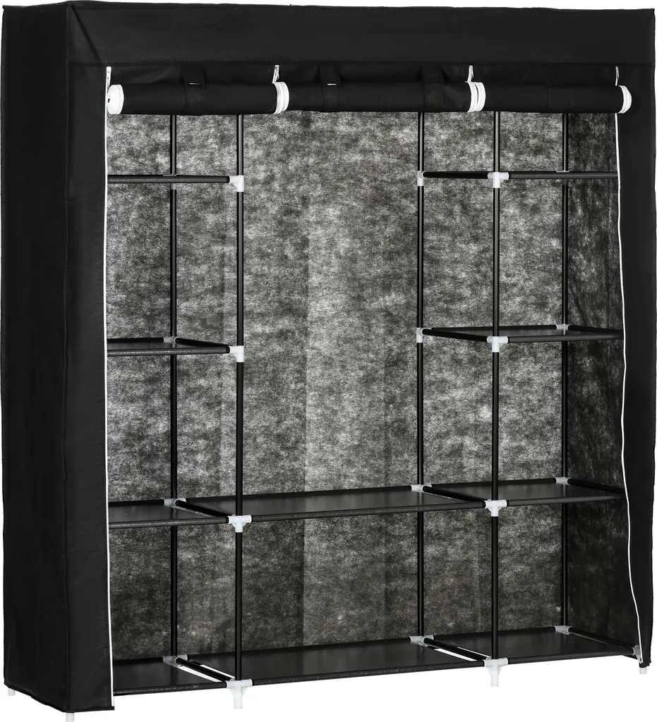 HOMCOM Armadio in tessuto, Armadio pieghevole con cerniera in tessuto non tessuto, Armadio con 1 asta appendiabiti e 10 ripiani, Armadio portatile per la camera da letto, Nero, 150 x 43 x 162,5 cm