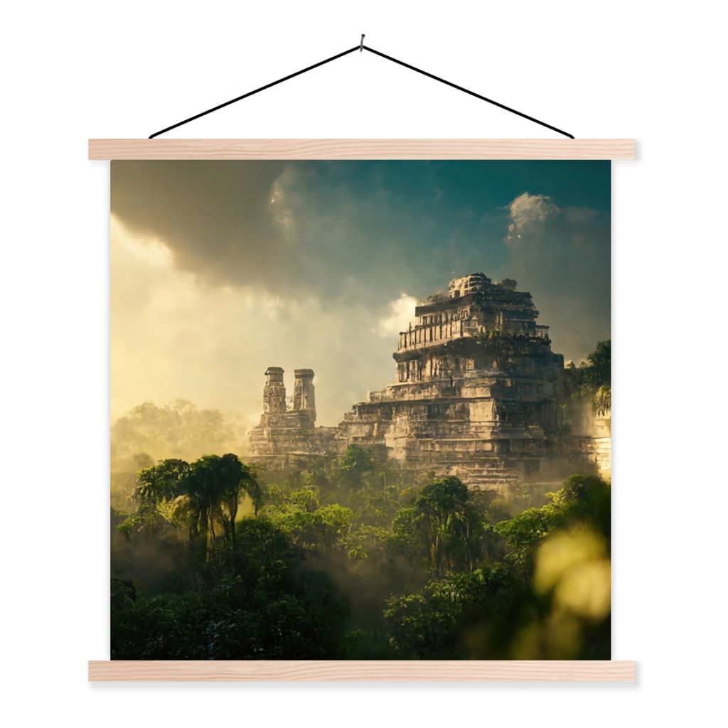 MuchoWow Textilposter Tempel - Dschungel - Wolken - Himmel - Natur 40x40 cm mit holzfarbenen Rahmen - Posterleiste