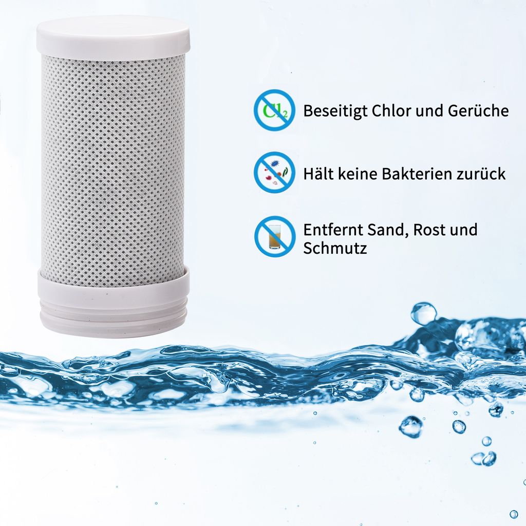 A water filter cartridge is shown next to a graphic illustrating its benefits, with a water wave graphic at the bottom.