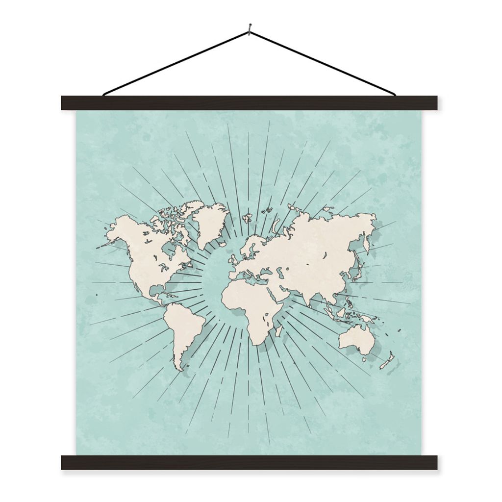 MuchoWow Textilposter Weltkarte - Retro - Blau 120x120 cm mit schwarzem Rahmen - Aufhängungsset