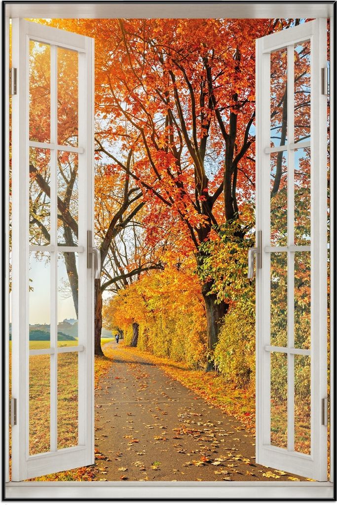 Wallario Wandbild mit Fenster-Illusion: Herbstlicher Waldweg mit buntem Laub, Größe: 61 x 91,5 cm, Poster mit schwarzem Aluminiumrahmen