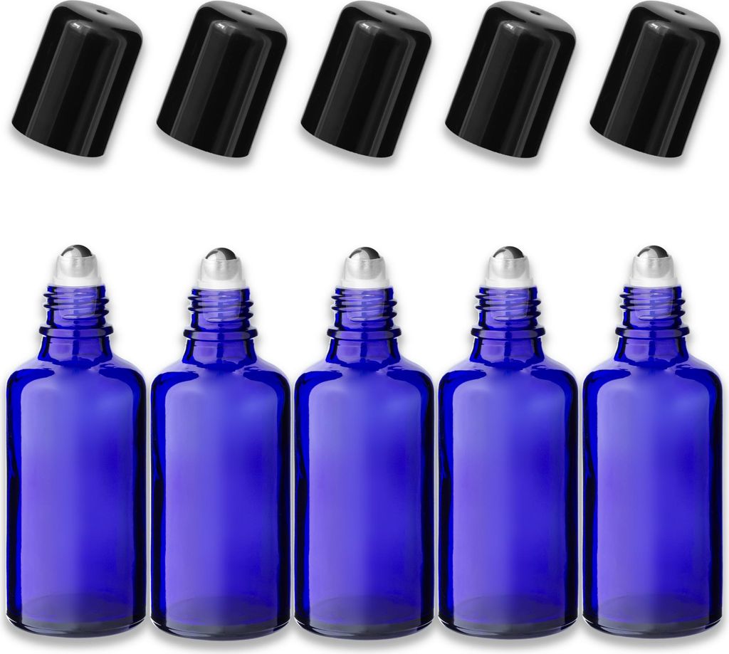 5x Blaue Glasflasche 50 ml Roll-On mit schwarzem Schraubverschluss Set