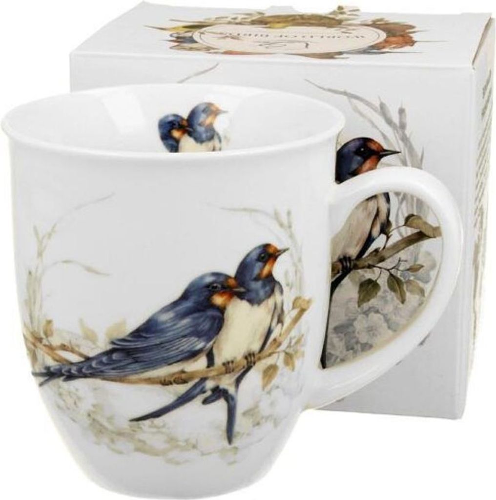 A white porcelain mug with a detailed illustration of two barn swallows perched on a branch, with a box in the background.