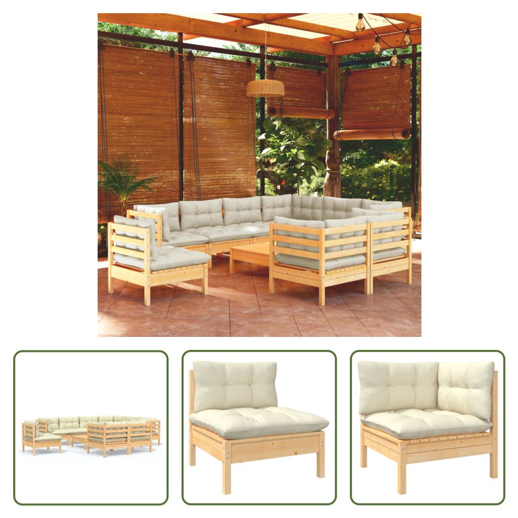 The Living Store 10-tlg. Garten-Lounge-Set mit Creme Kissen Massivholz Kiefer