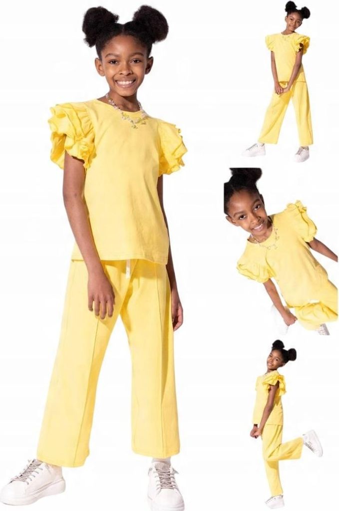 Mädchen Sommer Outfit - T-Shirt mit Rüsche & Weite Hosen - Gelb - Bequem & Stylisch Größe 128, Alter 8 Jahre