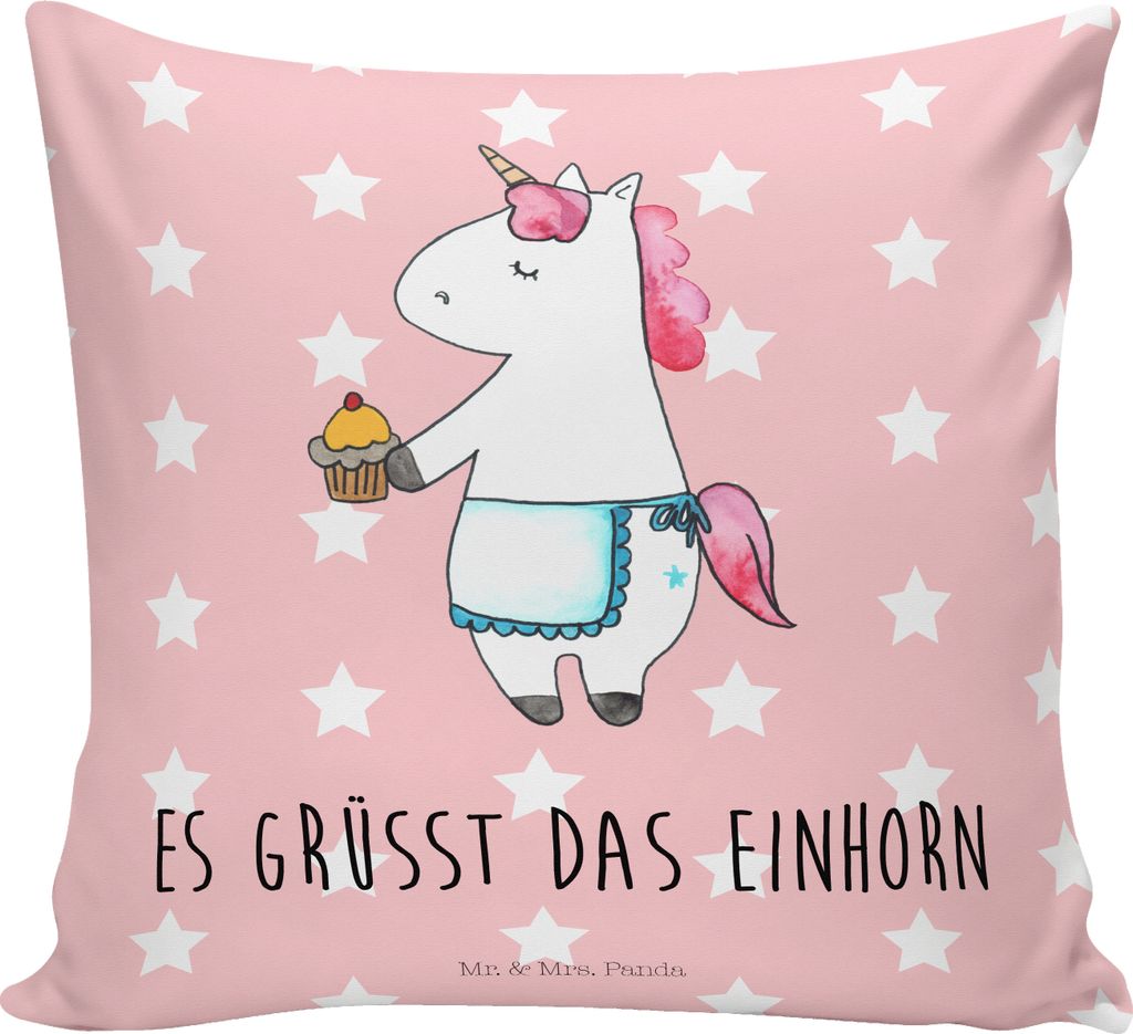 Mr. & Mrs. Panda Kuschel Kissen Einhorn Muffin - Rot Pastell - Geschenk, kuschelkissen 40x40, Unicorn, couch, Dekokissen, für sofa, Deko, Kekse, G...