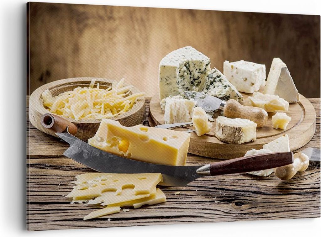 Bild auf Leinwand - Leinwandbild - Käse Schreibtisch Essen Essen - 100x70cm - Wand Bild - Wanddeko - Leinwanddruck - Bilder - Kunstdruck - Wanddek...