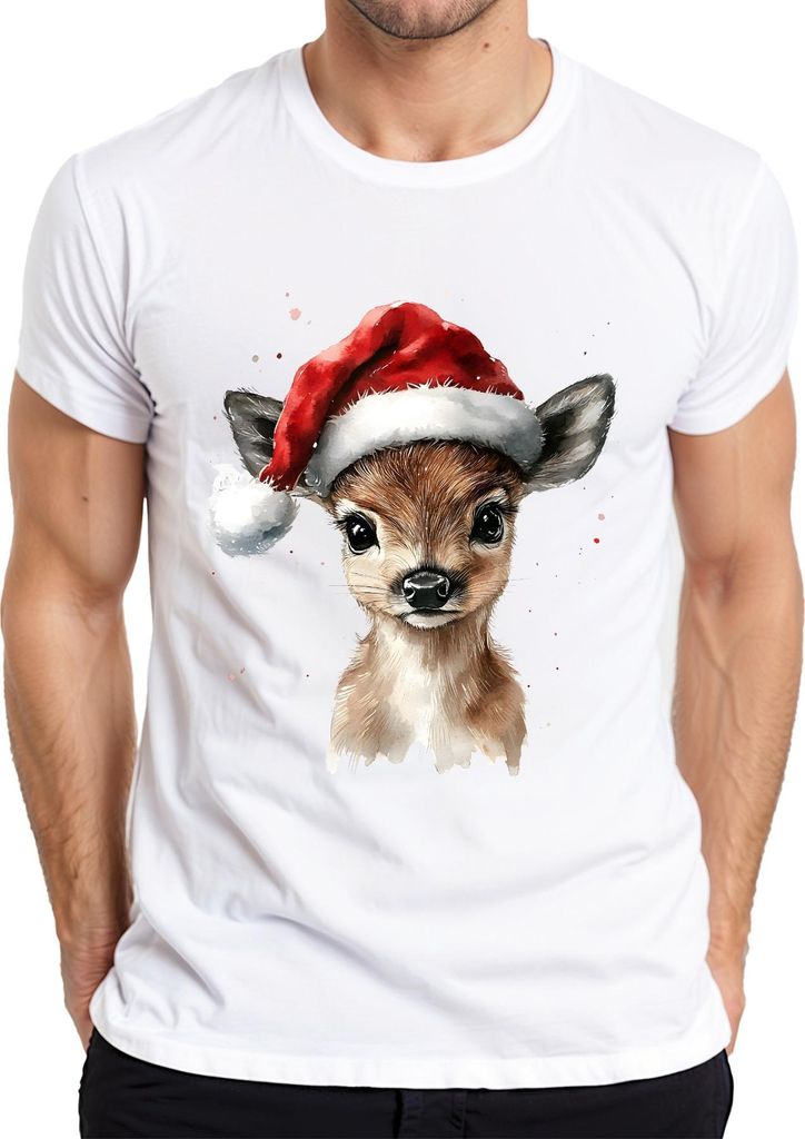 Rehkitz Weihnachten Santa Aquarell niedlich Geschenk Winter Herren T-Shirt, Weiß, 3XL
