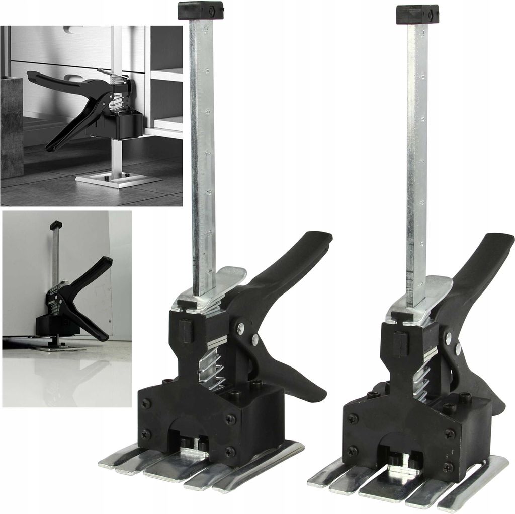 Two furniture lifters are shown against a white background, with inset images showing them in use.