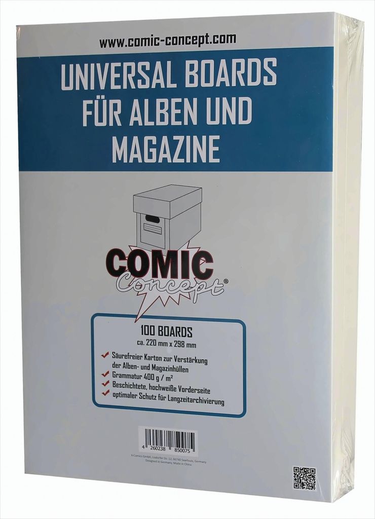 A product shot of comic boards in their packaging.