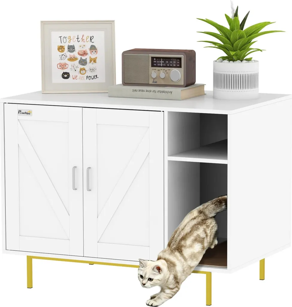 Meuble litière chat blanc 80x50x61 cm avec tapis à griffer intégré