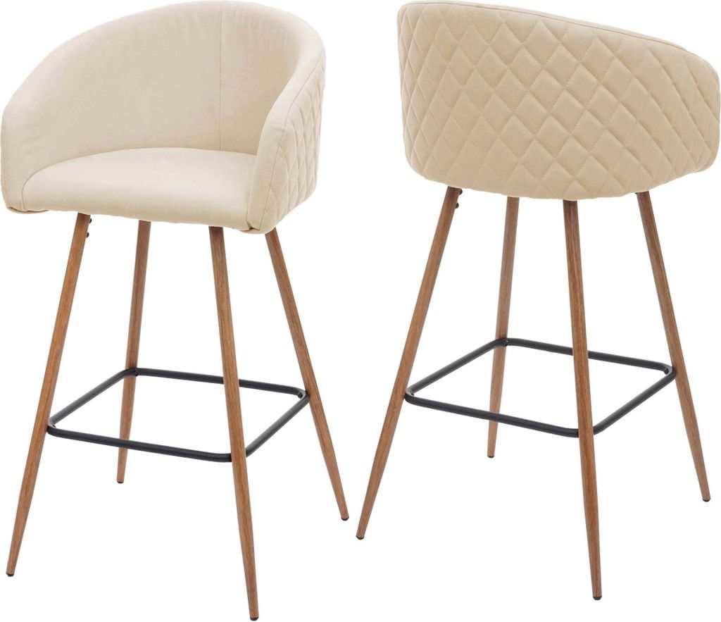 2er-Set Barhocker MCW-D72, Barstuhl Tresenhocker Küchenhocker mit Lehne, Metall Holzoptik Stoff/Textil, creme-beige