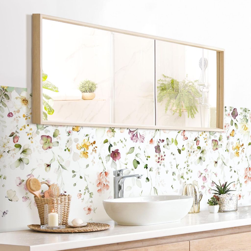 Wandverkleidung Bad Blumen selbstklebend - 0.35 mm Wandpaneel matt wasserfest Ranke pastell Aquarell Badrückwand fugenlos 245x70 cm
