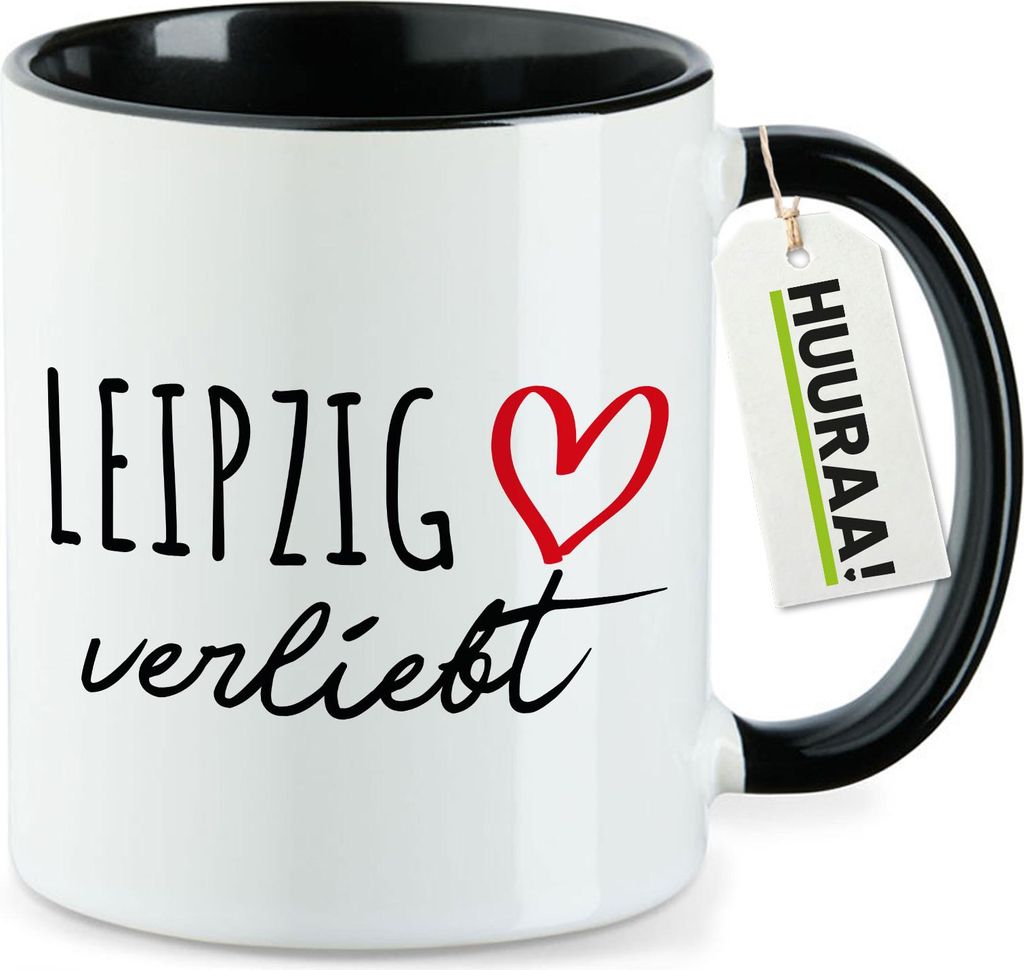 Huuraa Kaffeetasse Leipzig verliebt 330ml Schwarz Keramik Kaffeebecher Geschenkidee