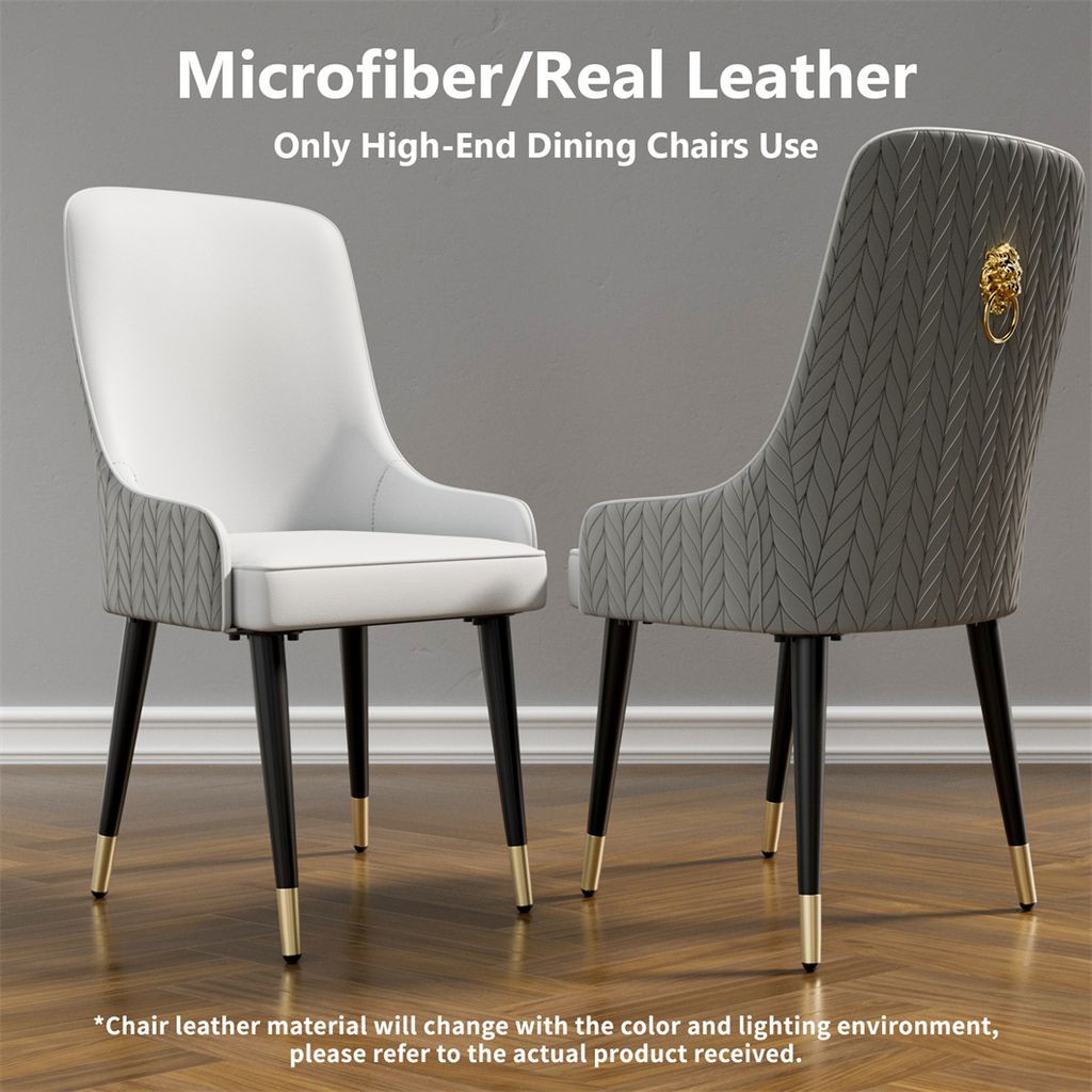 Two dining chairs are shown against a plain background. One chair is white and the other is gray. Text overlays provide product information.