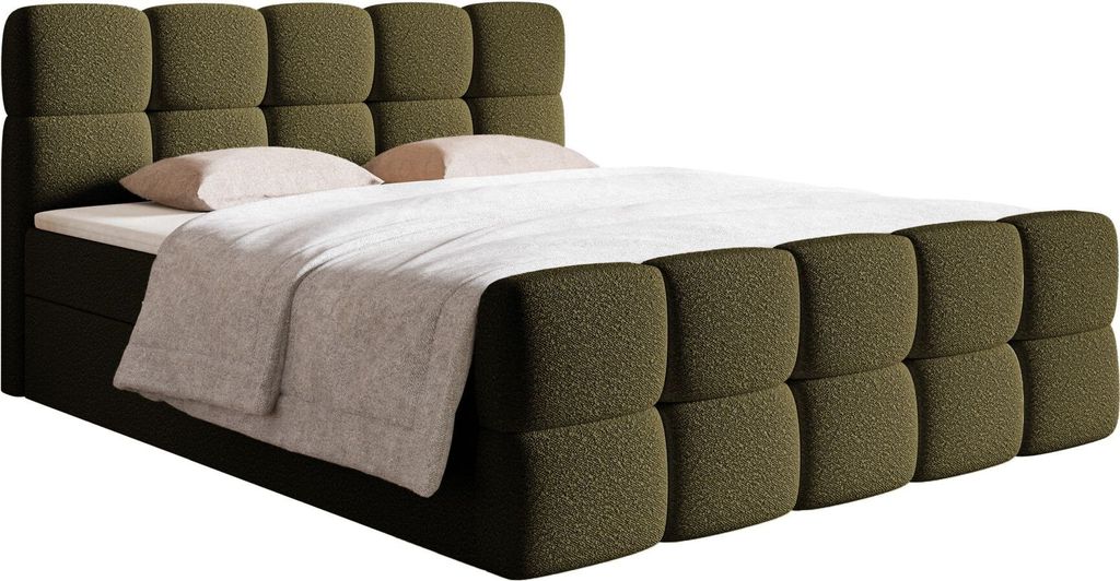 Selsey Cloudy - Boxbett 180x200 mit Bettkästen, Matratze, Topper, Bouclé-Bezug, olivgrün