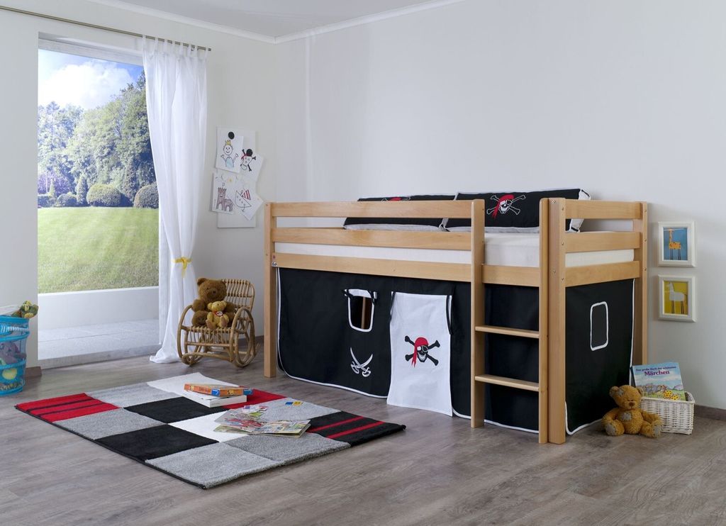 Halbhohes Einzelbett Alex Buche massiv 90x200 cm Natur lackiert mit Stoff-Set