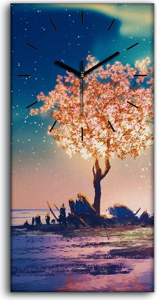 Wandkunst Leinwand Bild Uhr Quarz 30x60 Gemälde Abstrakte Baum Himmel Nacht - schwarze Hände