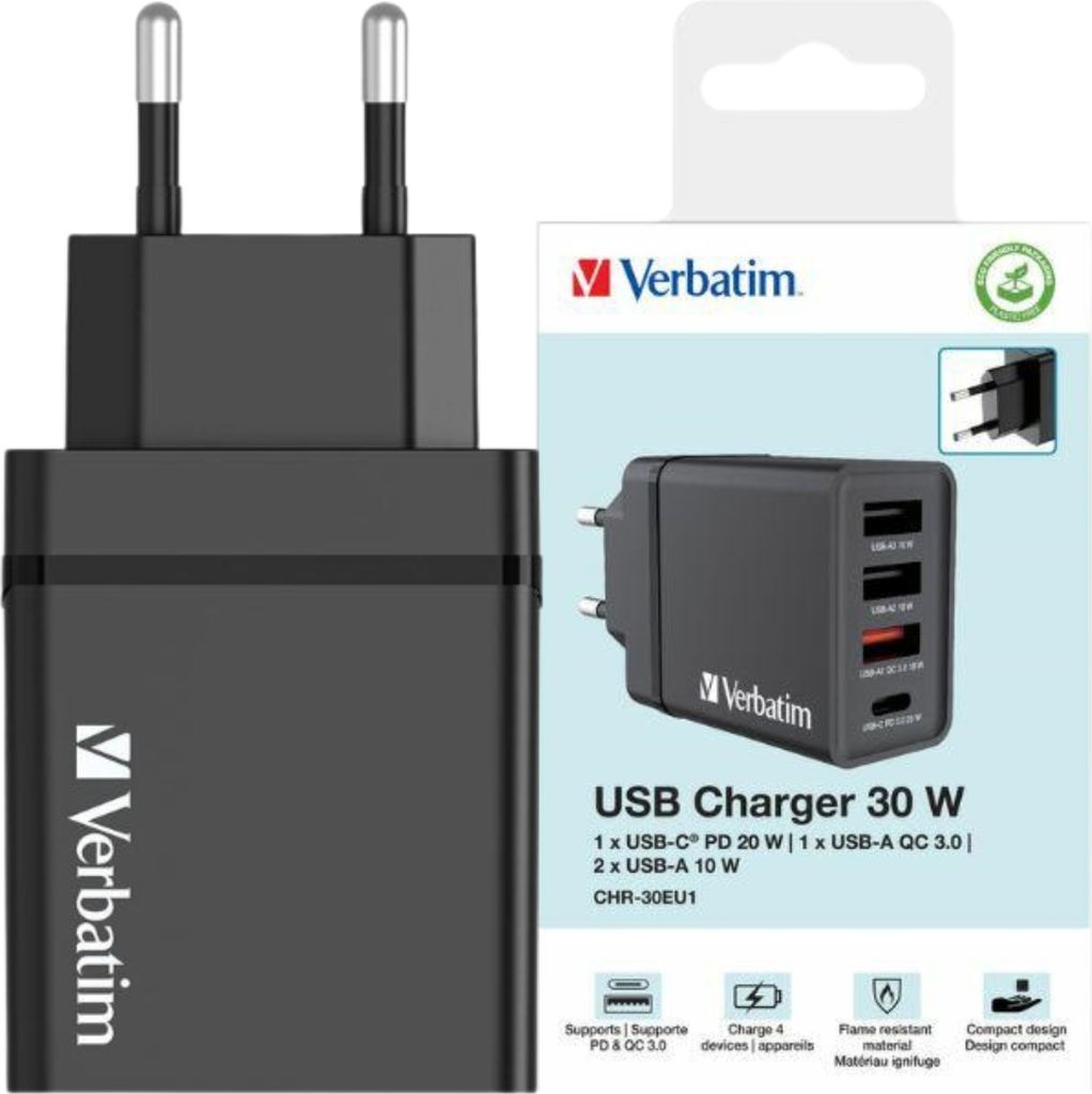 A product shot of a Verbatim USB charger and its packaging.