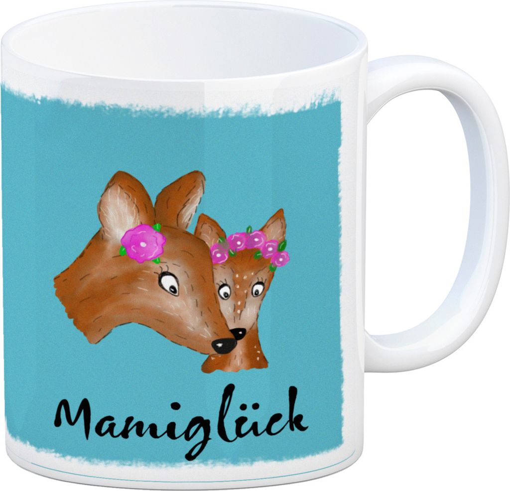 Kaffeetasse für Kinder mit Reh Motiv und Schriftzug - Mamiglück in Türkis
