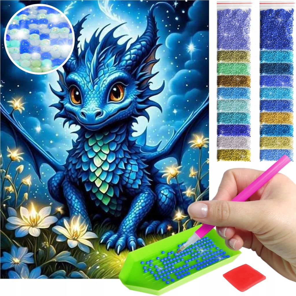 ARTULIO - Diamond Painting Set - Blauer Fantasy Drache mit Blumen - 40 x 30 cm - AB Steine, AB Diamant - Crystal Art, Komplettset Mosaik + Zubehör