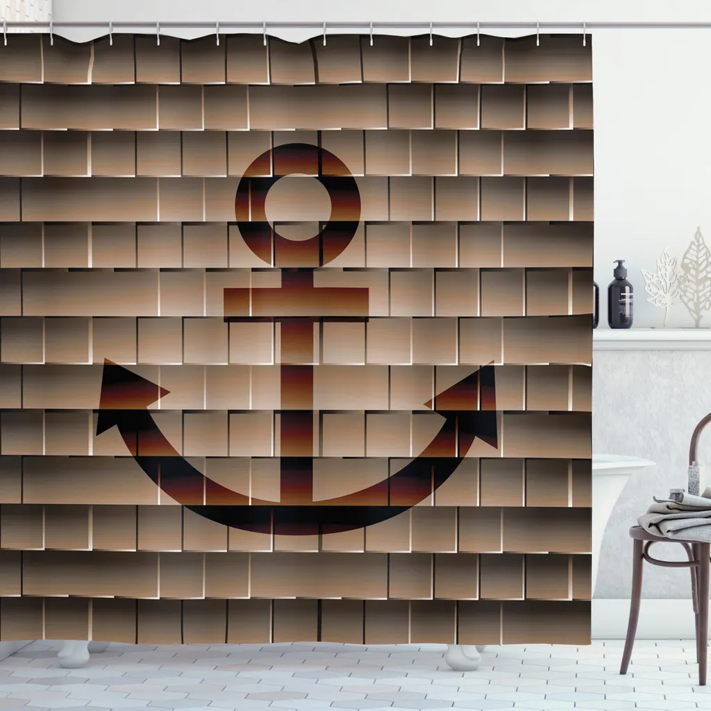 Tenda Da Doccia ABAKUHAUS Con Ganci - Motivo Àncora E Linee, Beige Multicolor, 175x240 Cm, Lavabile