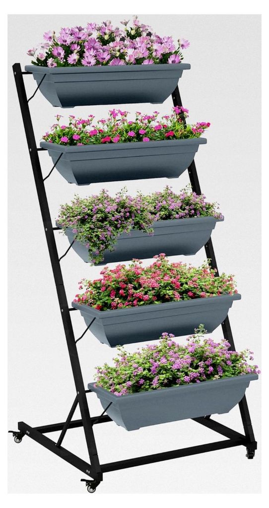 5-stufiger Pflanzenständer, 145 cm hoch, Blumenständer mit Rollen, Pflanzenregal aus Stahl, mehrstöckiges Blumenregal, Blumentreppe für Garten ...